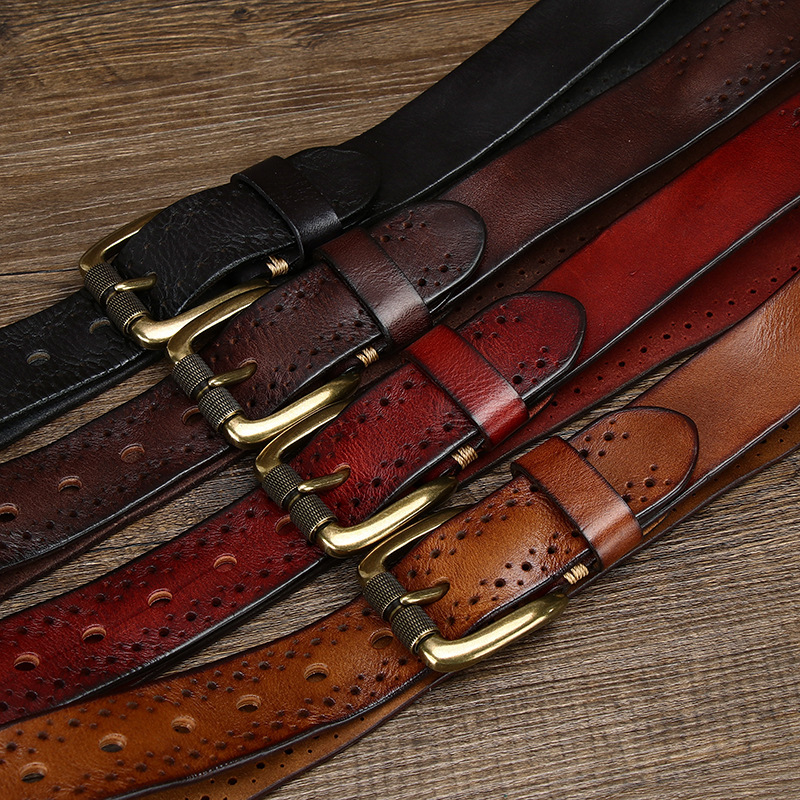 Vintage Perforated Full-Grain Leather Belt — Handcrafted Cognac Cowhide with Antique Brass Pin Buckle