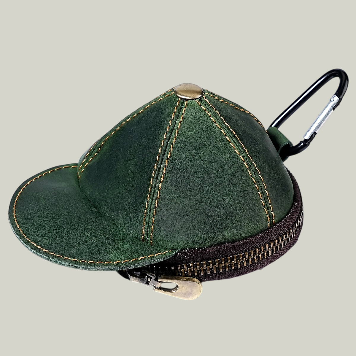  Handmade Leather Baseball Cap Coin Pouch — Crazy Horse Leather, Carabiner Clip