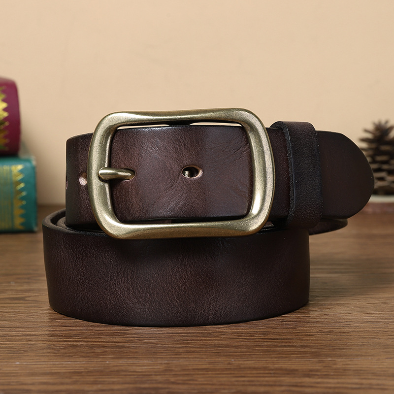Vintage Hand Rubbed Leather Belt Men, Brass Pin Buckle Genuine Cowhide Waist Belt