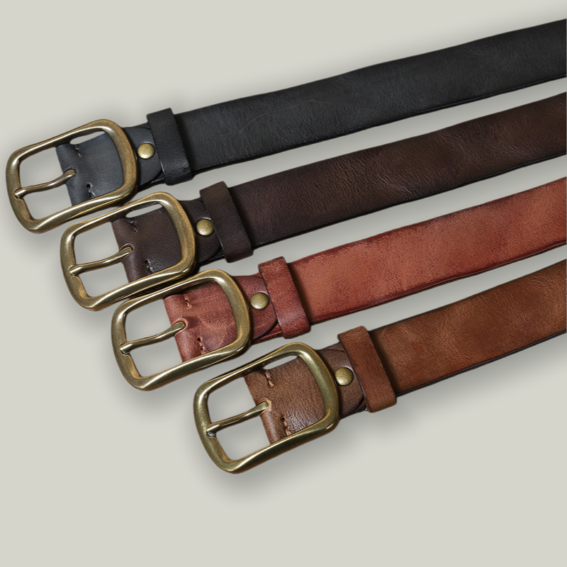 Vintage Hand Rubbed Leather Belt Men, Brass Pin Buckle Genuine Cowhide Waist Belt