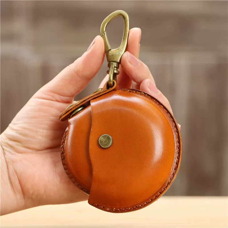Handmade Veg-Tanned Leather AirPods Case & Coin Purse - Minimalist EDC Keychain Pouch with Solid Brass Clip