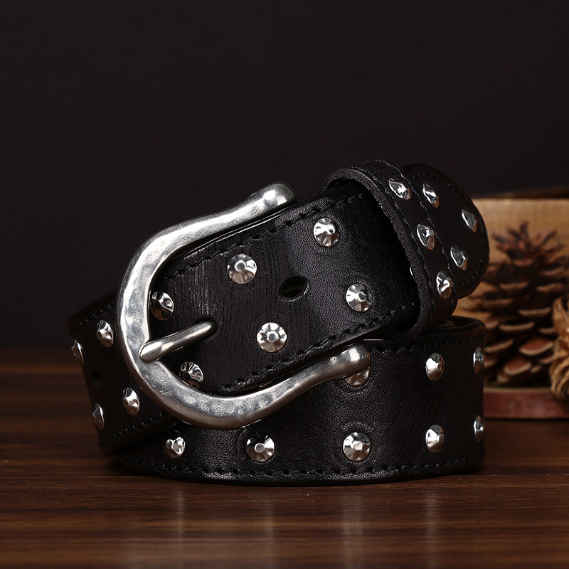 Western Studded Leather Belt — Full-Grain Cowhide, Hand-Set Silver Alloy Studs
