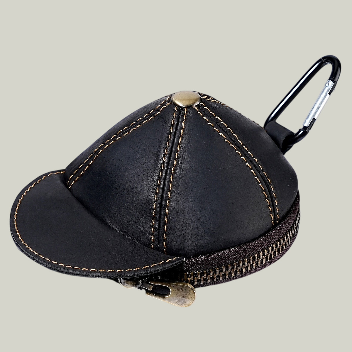  Handmade Leather Baseball Cap Coin Pouch — Crazy Horse Leather, Carabiner Clip
