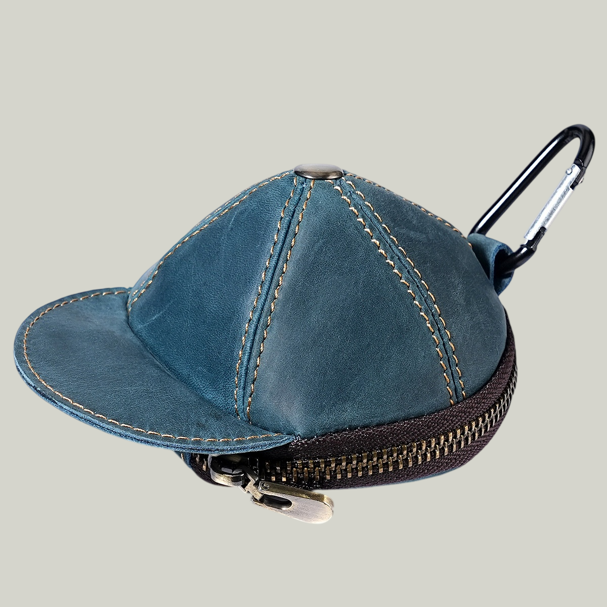Handmade Leather Baseball Cap Coin Pouch — Crazy Horse Leather, Carabiner Clip