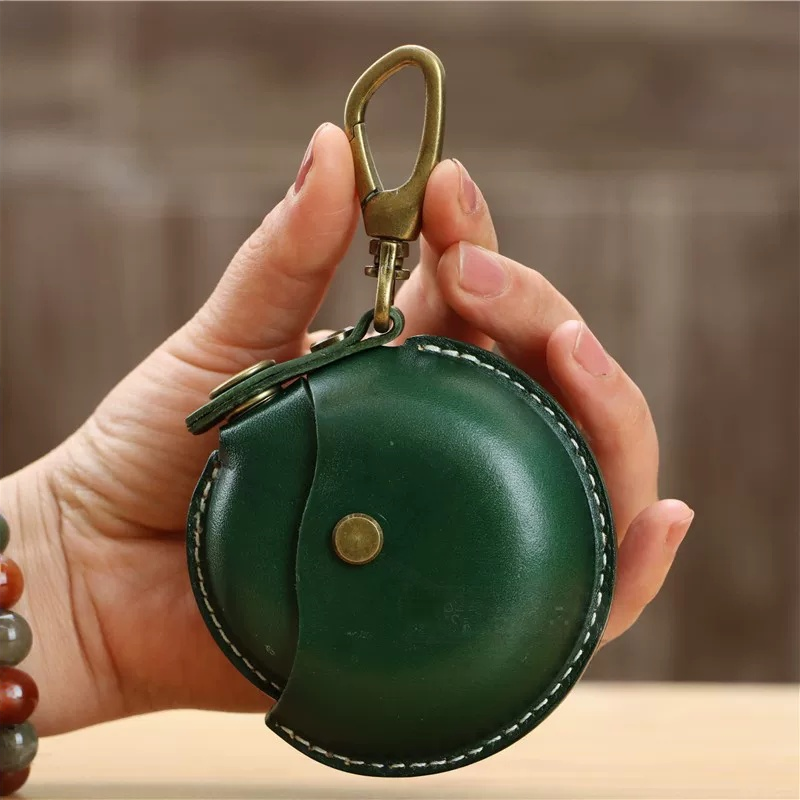 Handmade Veg-Tanned Leather AirPods Case & Coin Purse - Minimalist EDC Keychain Pouch with Solid Brass Clip
