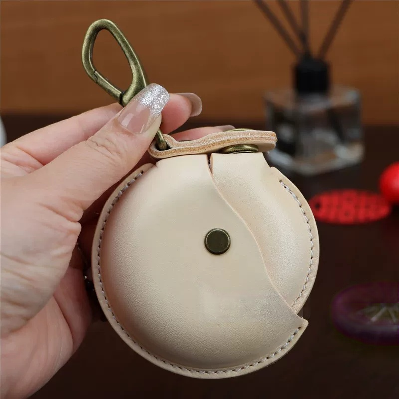 Handmade Veg-Tanned Leather AirPods Case & Coin Purse - Minimalist EDC Keychain Pouch with Solid Brass Clip