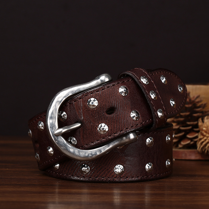 Western Studded Leather Belt — Full-Grain Cowhide, Hand-Set Silver Alloy Studs