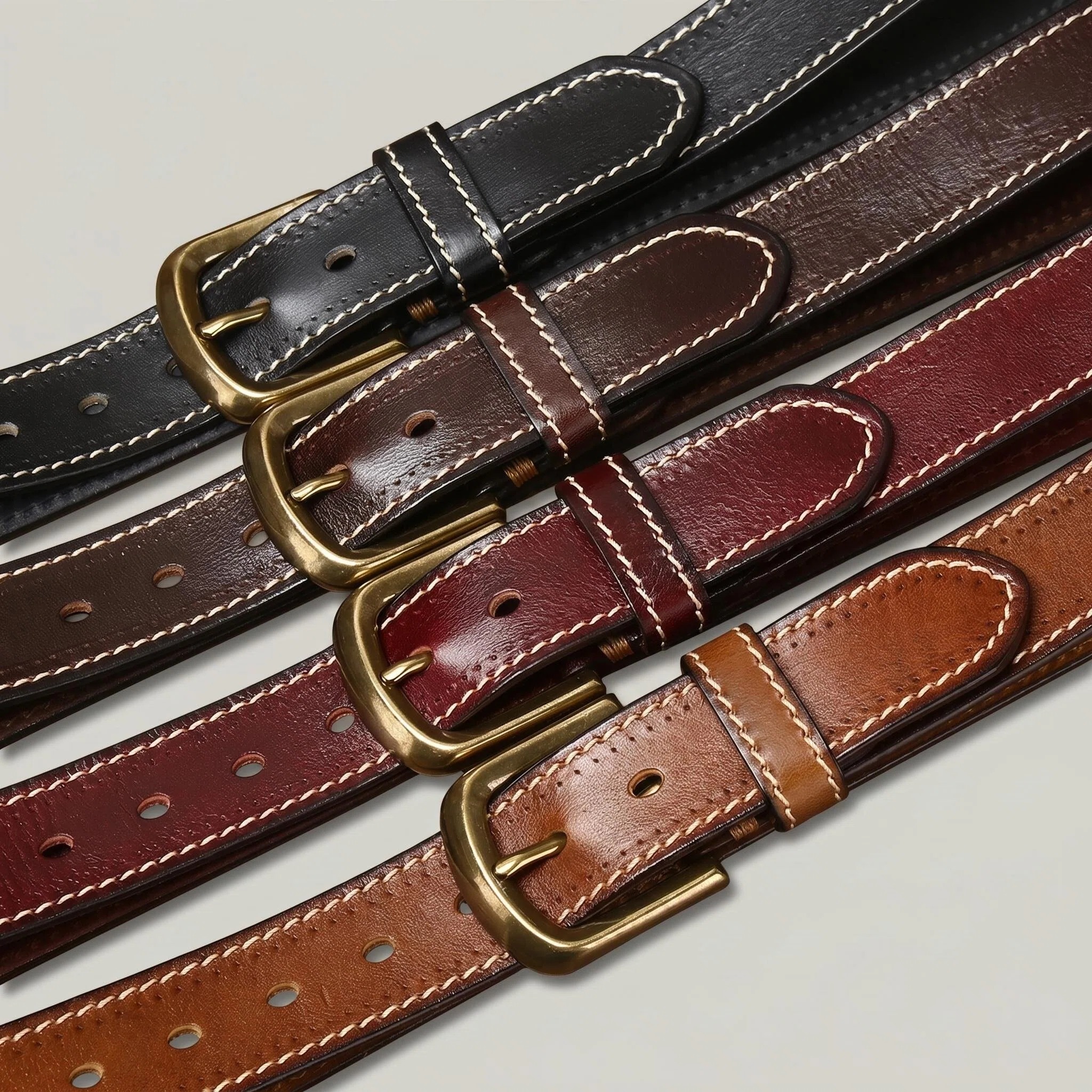 Full-Grain Leather Belt with Antique Brass Buckle — Handcrafted Vintage Style, Contrast Stitching