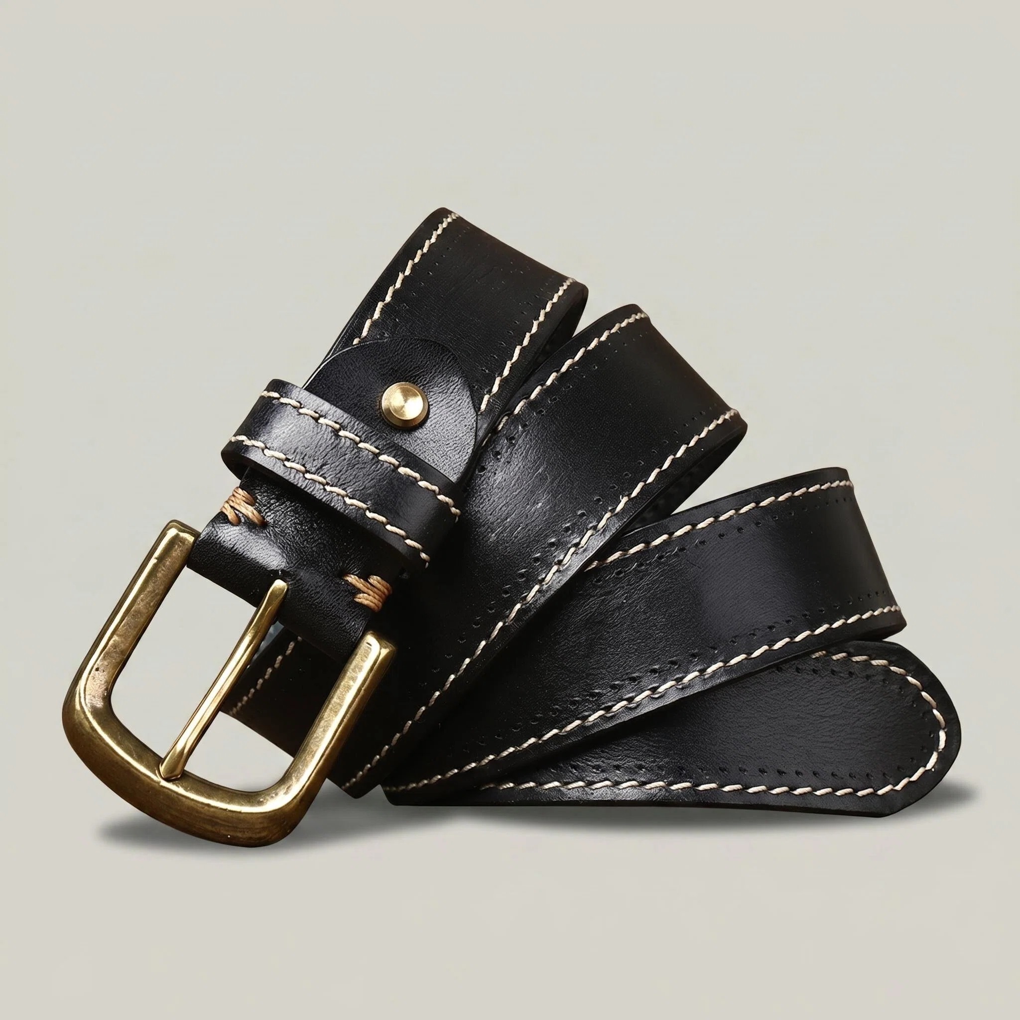Full-Grain Leather Belt with Antique Brass Buckle — Handcrafted Vintage Style, Contrast Stitching