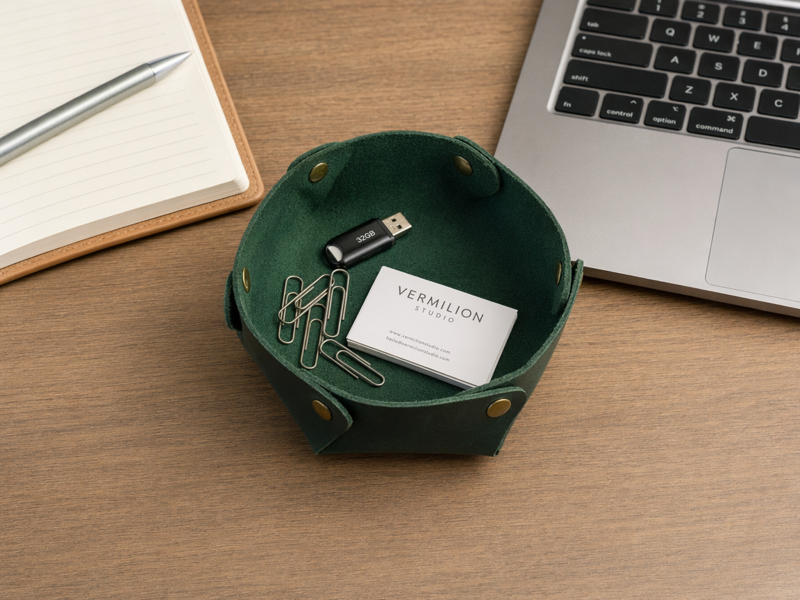 Crazy horse leather valet tray on desk organizing USB drives paper clips and business cards