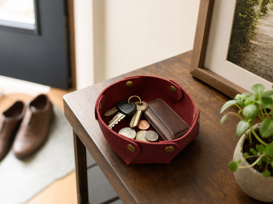 Crazy horse leather valet tray on entryway table holding keys wallet and loose change