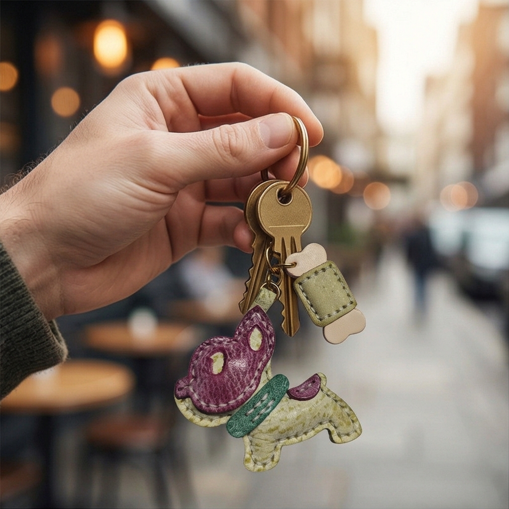 Handmade Waxed Leather Dog Charm - Artisanal Frenchie Bag Accessory