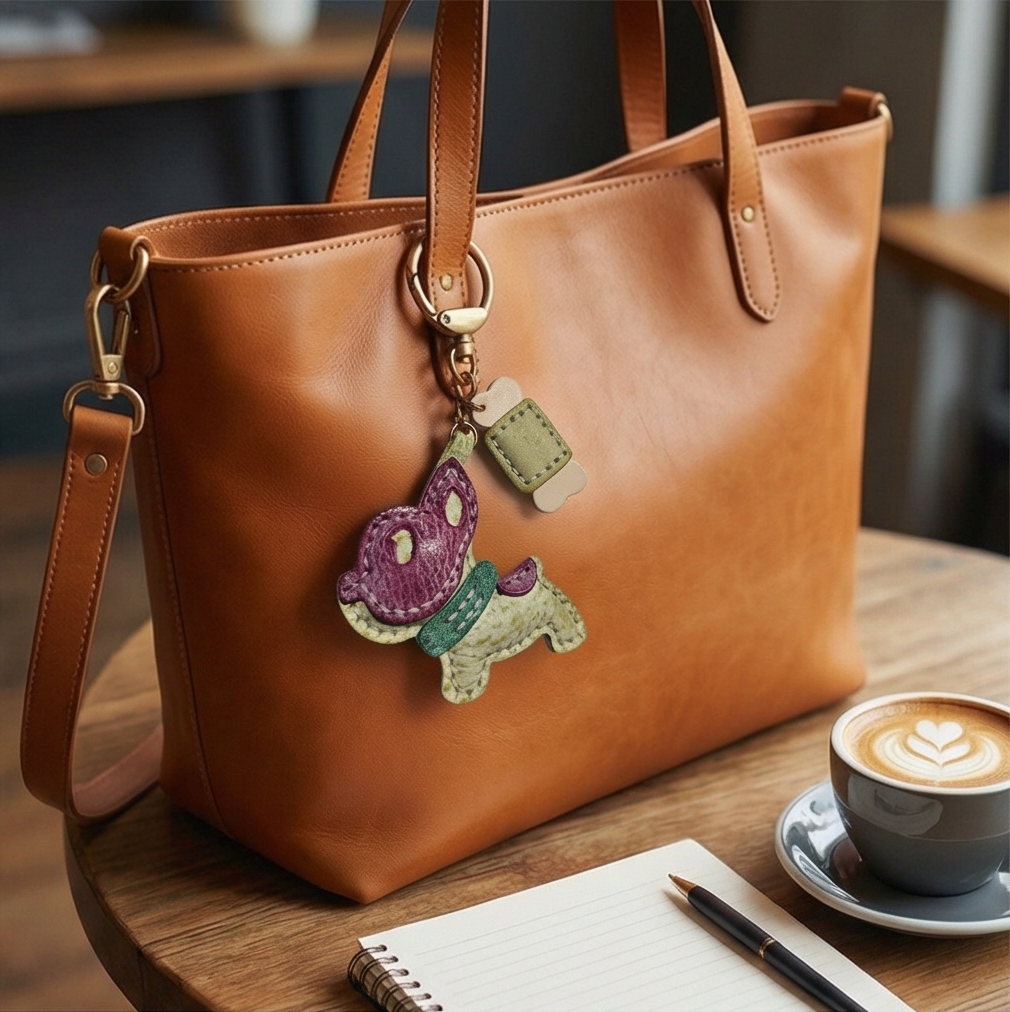 Handmade Waxed Leather Dog Charm - Artisanal Frenchie Bag Accessory