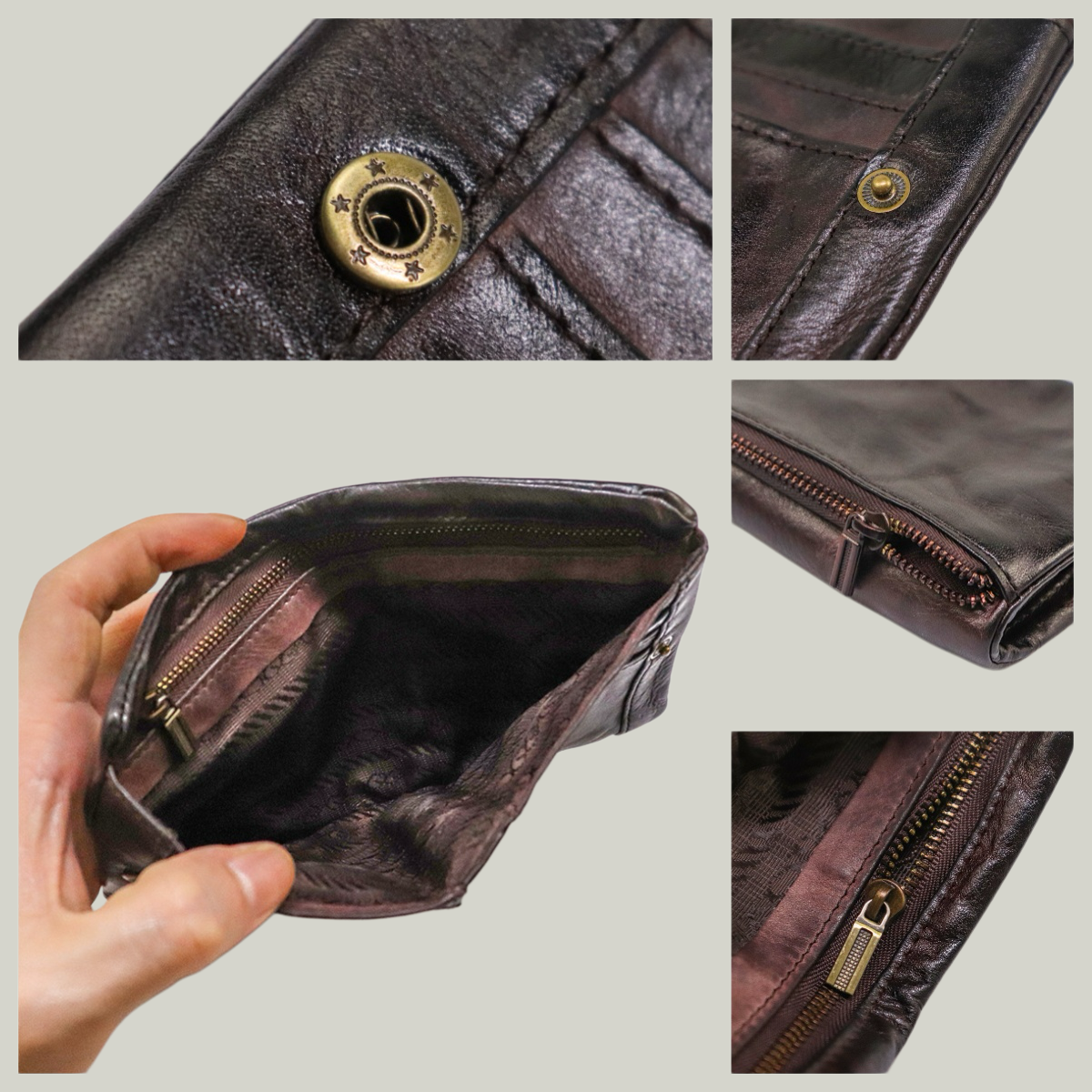 Vintage Soft Top-Grain Leather Bifold Wallet with Zipper