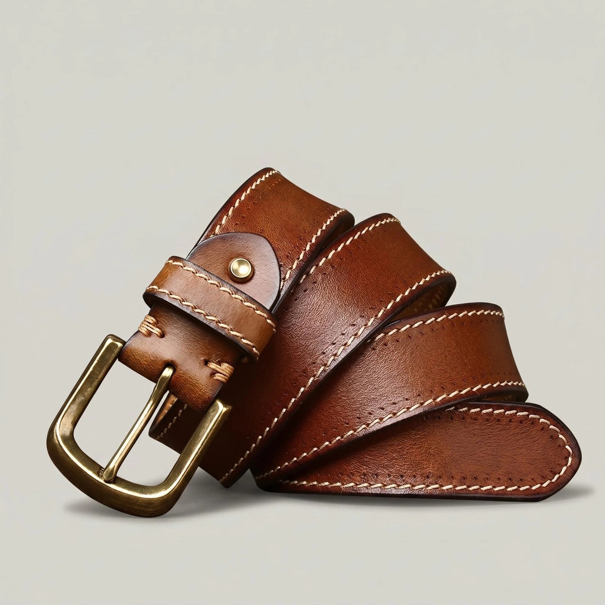 Full-Grain Leather Belt with Antique Brass Buckle — Handcrafted Vintage Style, Contrast Stitching