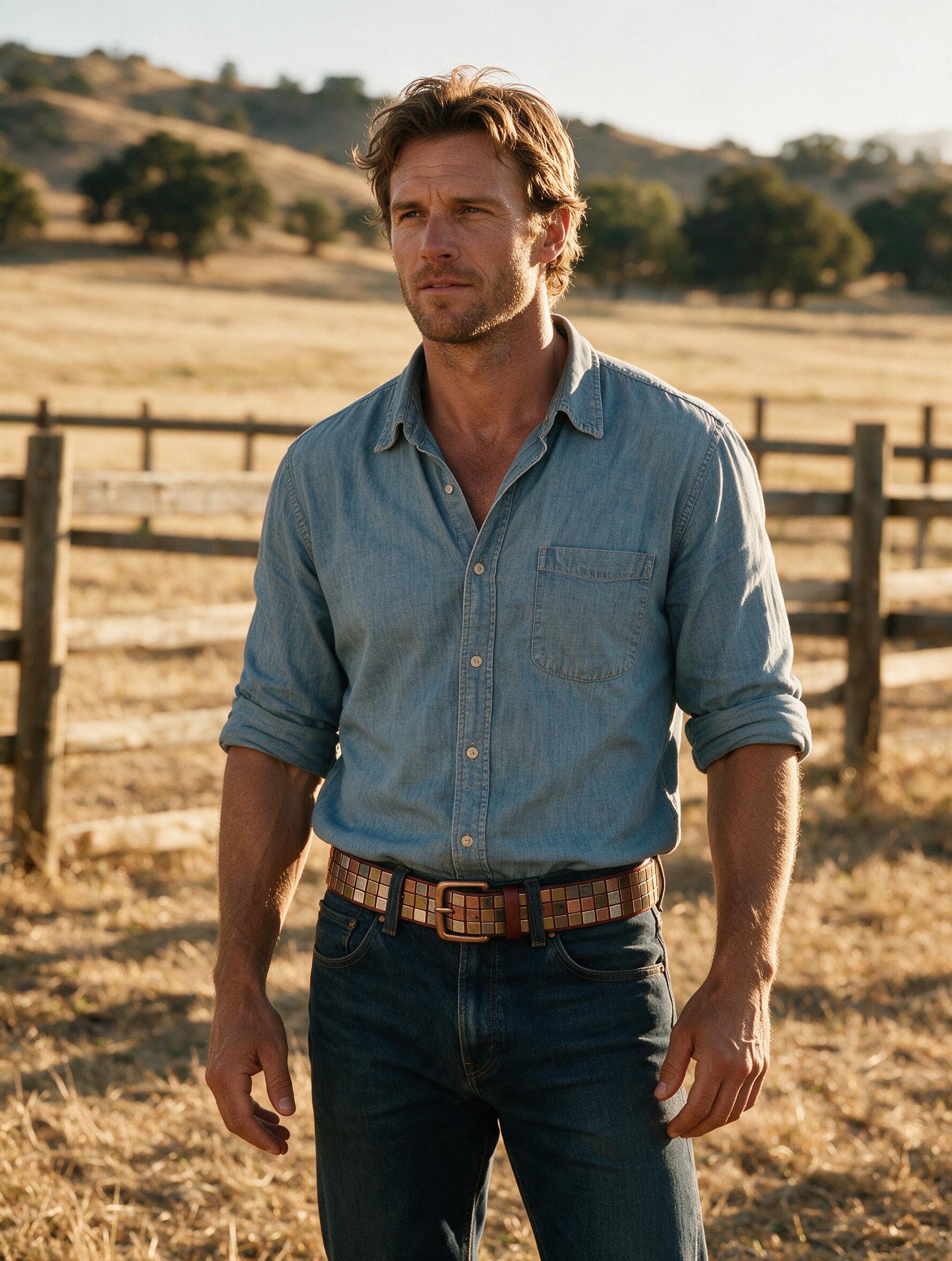 Western mosaic studded leather belt worn on raw denim jeans, showing the full belt line and antique buckle in a real outfit