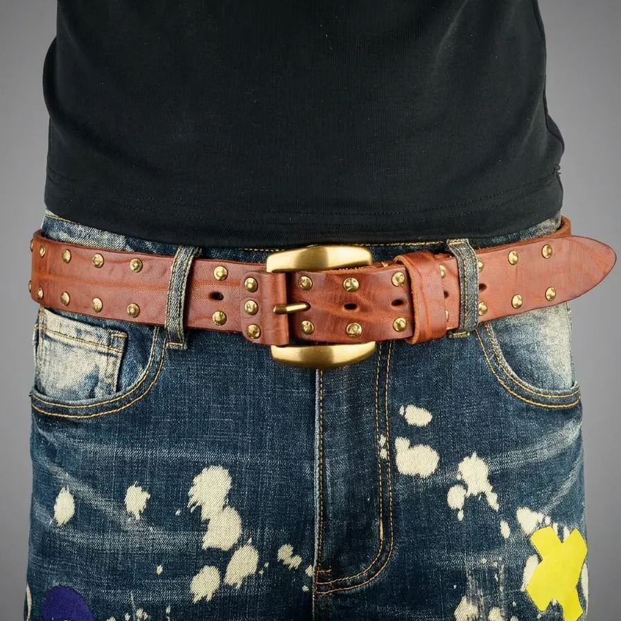   Punk Studded Leather Belt — Double-Row Brass Rivets