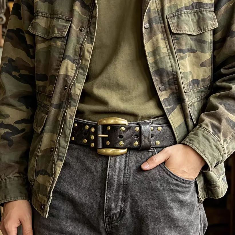  Punk Studded Leather Belt — Double-Row Brass Rivets