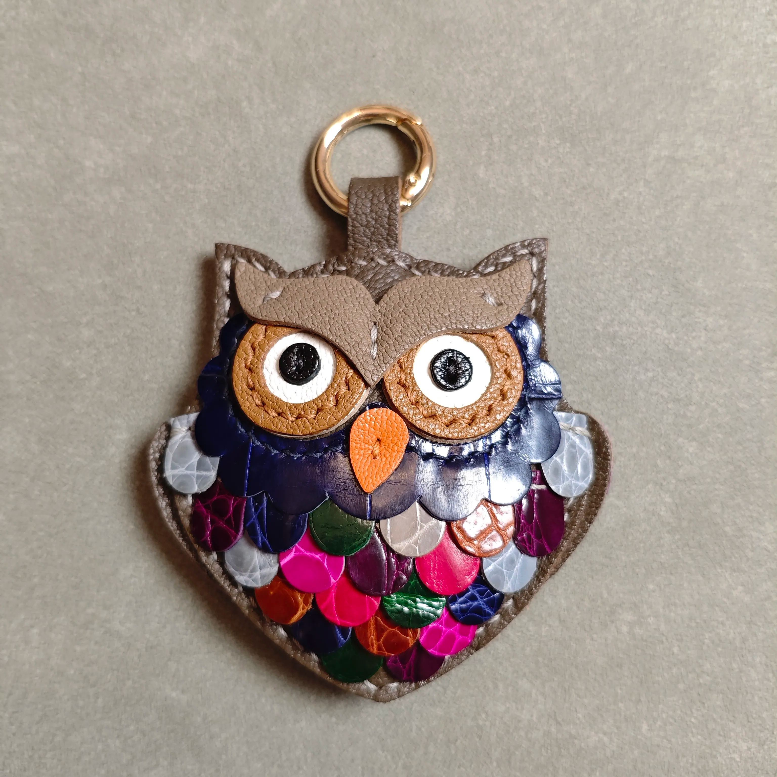 Handmade Leather Owl Keychain — French Goatskin & Alligator, One-of-a-Kind