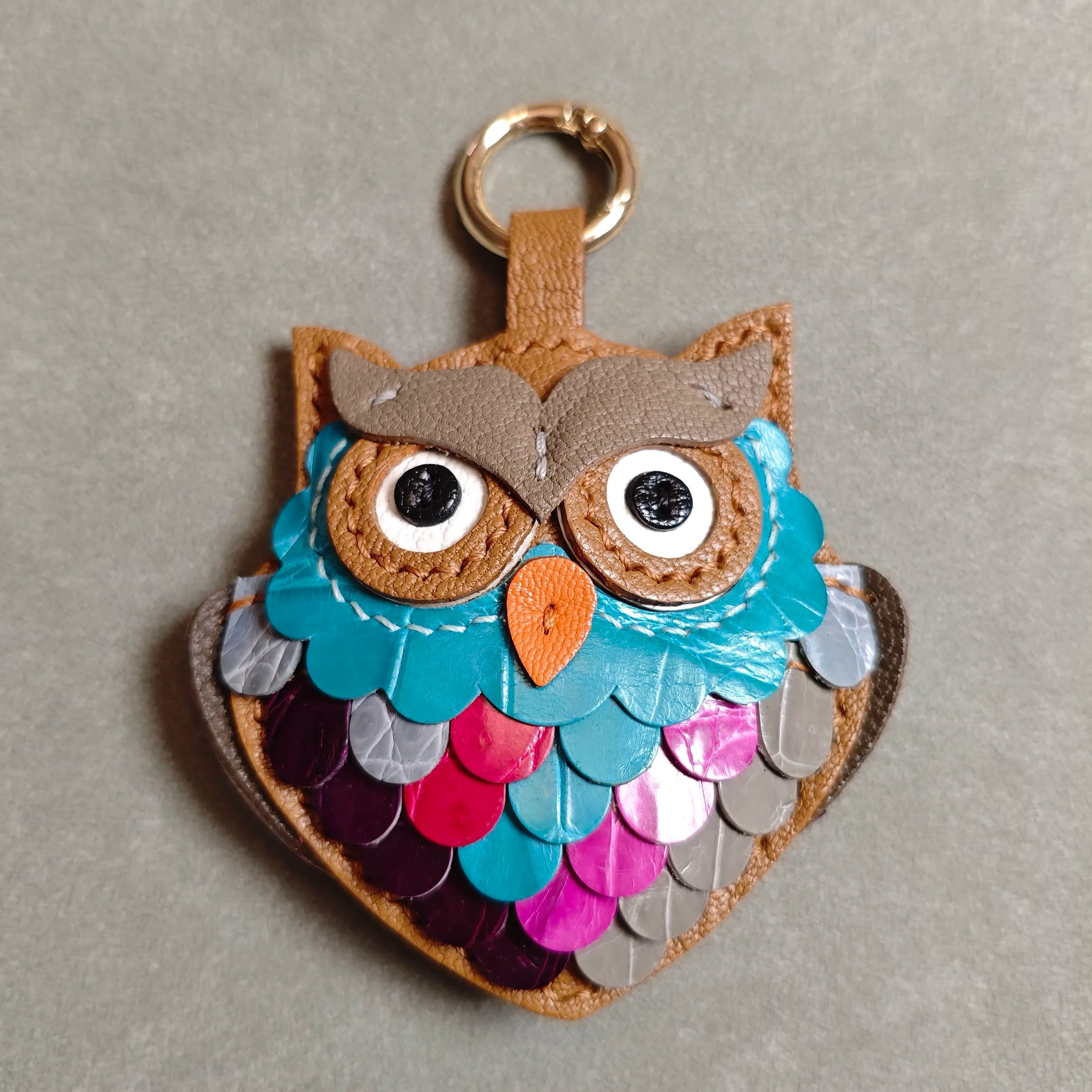 Handmade Leather Owl Keychain — French Goatskin & Alligator, One-of-a-Kind