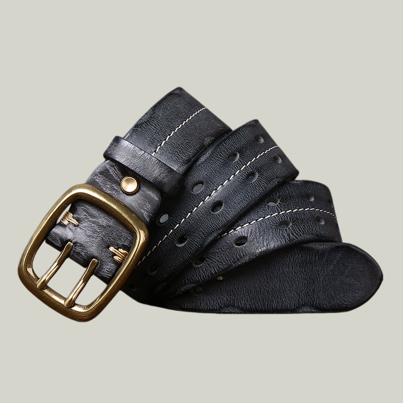 Distressed Leather Belt — Double Prong Buckle, 1.5" Wide