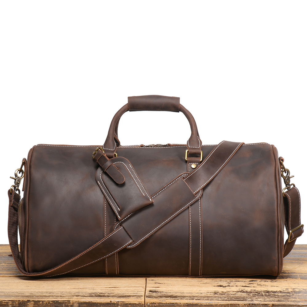 Full Grain Crazy Horse Leather Weekender Bag for Men – Handmade Travel Duffel Carry-On