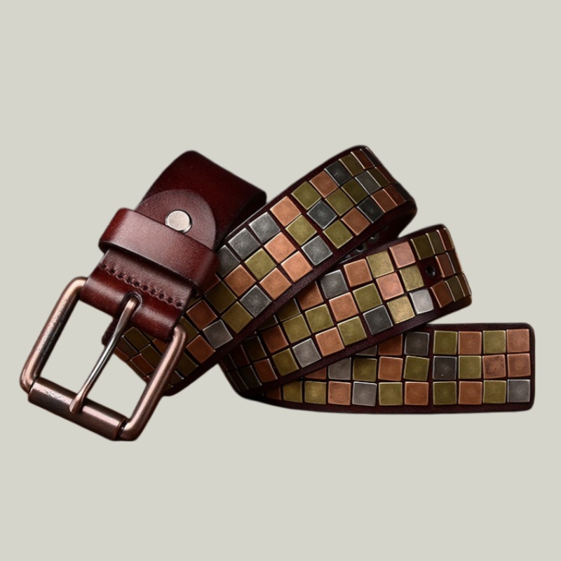 Western Mosaic Leather Belt — Hand-Set Metal Studs, Antique Buckle