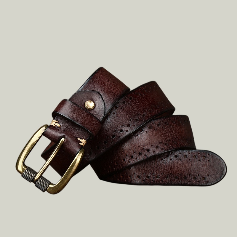 Vintage Perforated Full-Grain Leather Belt — Handcrafted Cognac Cowhide with Antique Brass Pin Buckle