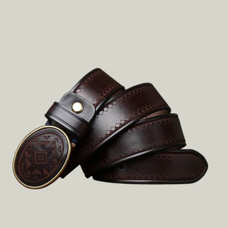  Aztec Laser-Engraved Full-Grain Leather Belt — Vintage Oval Buckle