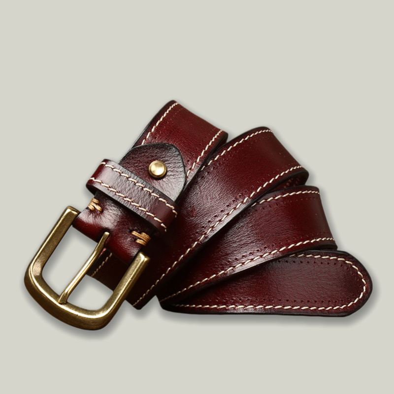 Full-Grain Leather Belt with Antique Brass Buckle — Handcrafted Vintage Style, Contrast Stitching