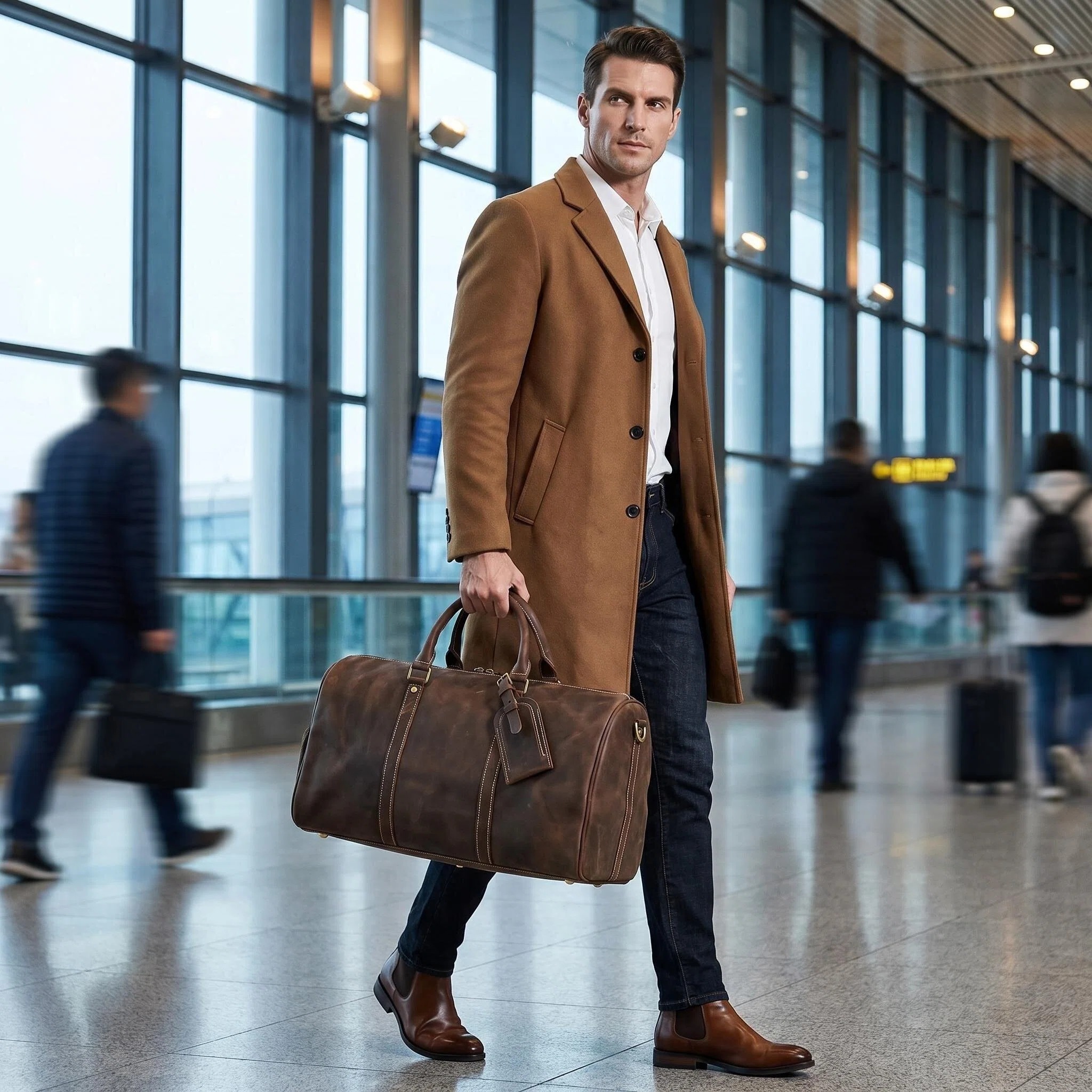 Full Grain Crazy Horse Leather Weekender Bag for Men – Handmade Travel Duffel Carry-On