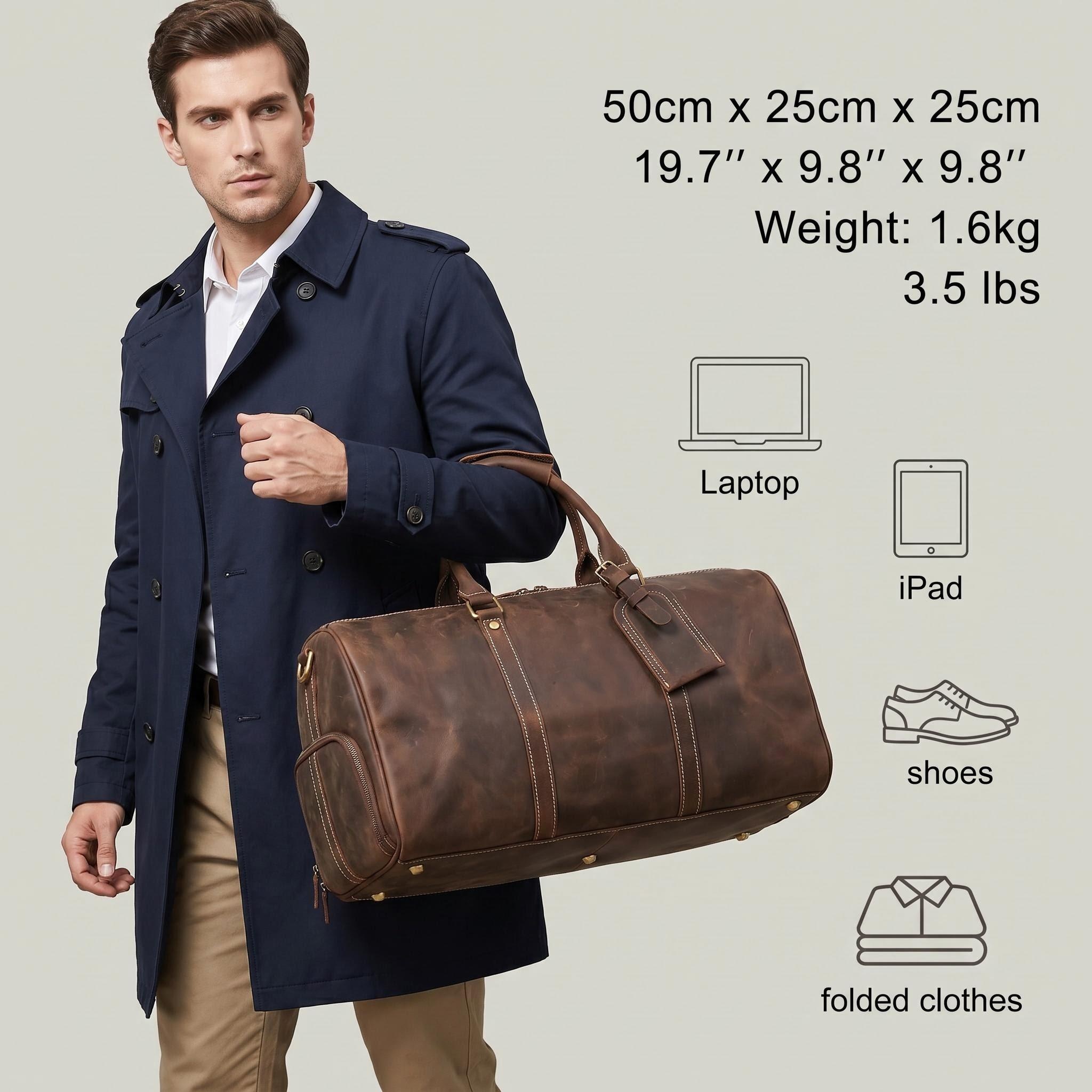 Full Grain Crazy Horse Leather Weekender Bag for Men – Handmade Travel Duffel Carry-On
