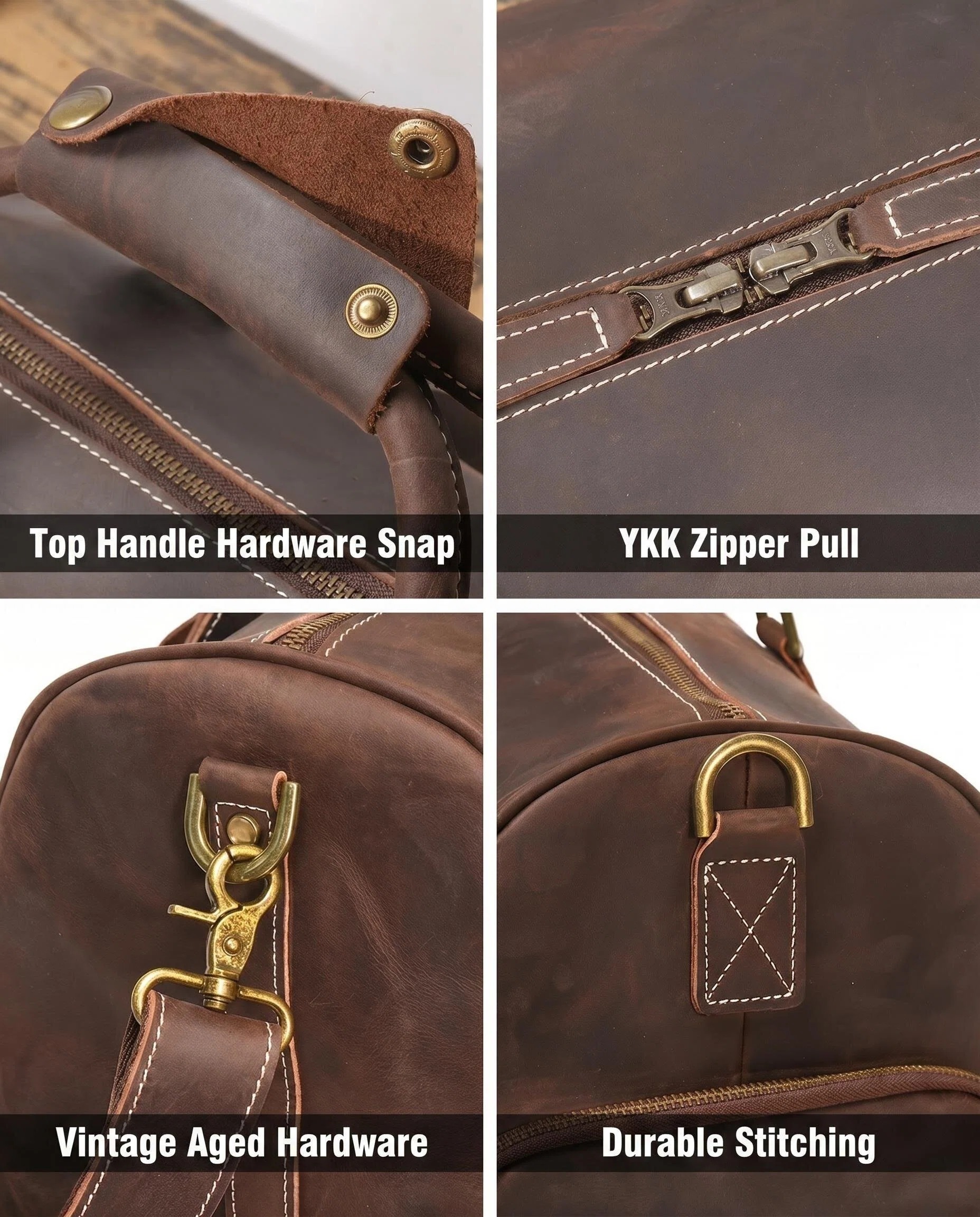 Full Grain Crazy Horse Leather Weekender Bag for Men – Handmade Travel Duffel Carry-On