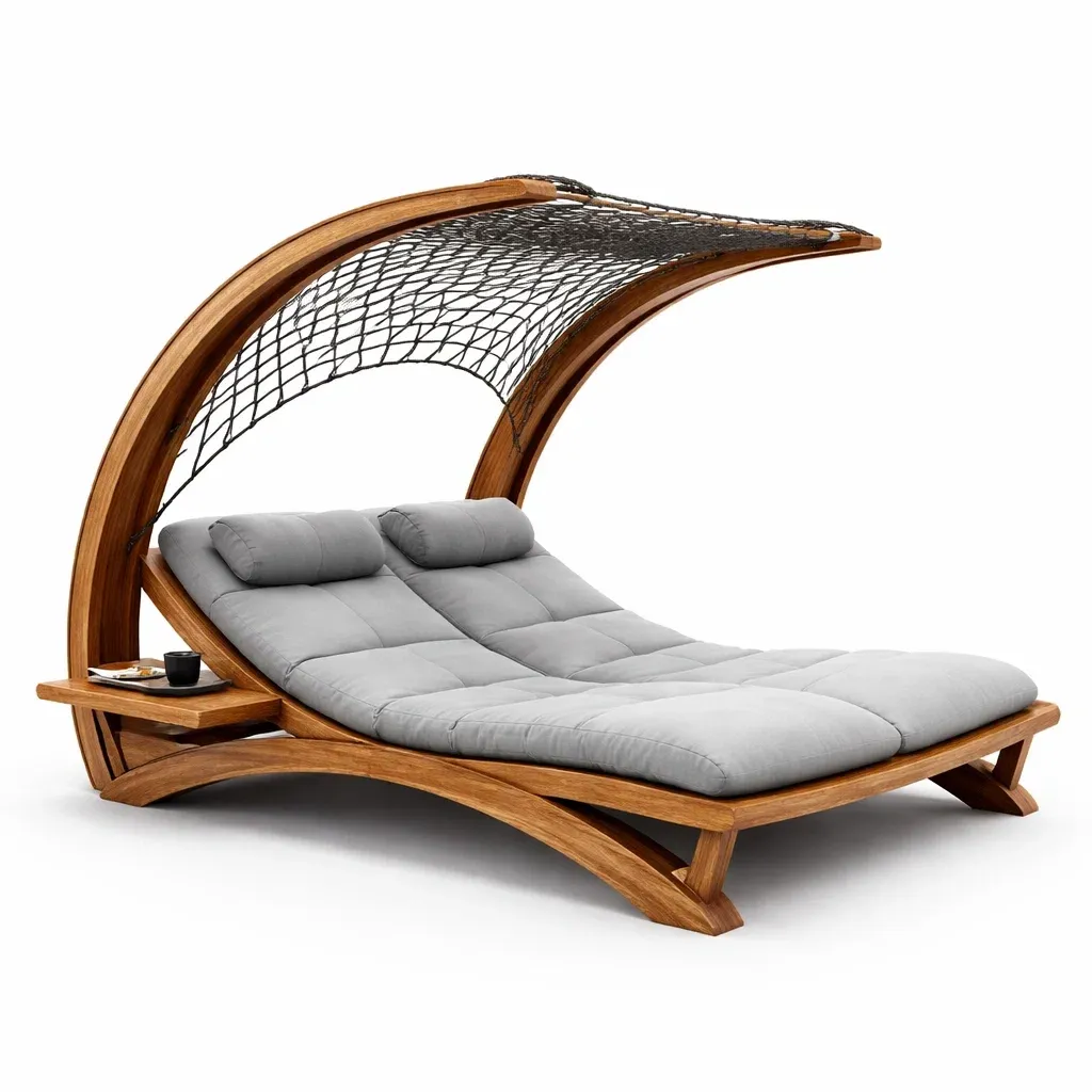 Lit de jardin double avec baldaquin bois et corde-VibePosh