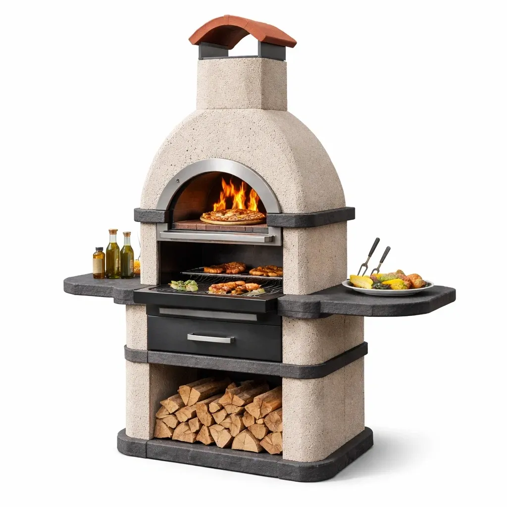 Barbecue en pierre avec four a pizza et plan de travail-VibePosh