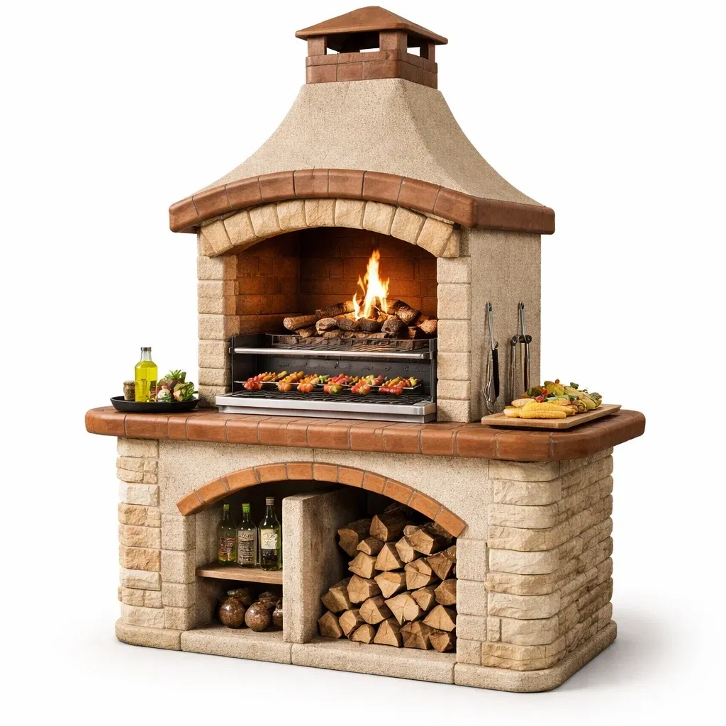 Barbecue en pierre avec large plan de travail et rangement bois-VibePosh