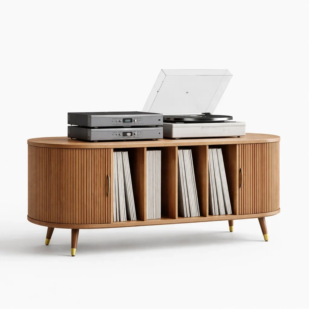 Meuble vinyle audio retro avec rangements ouverts-VibePosh