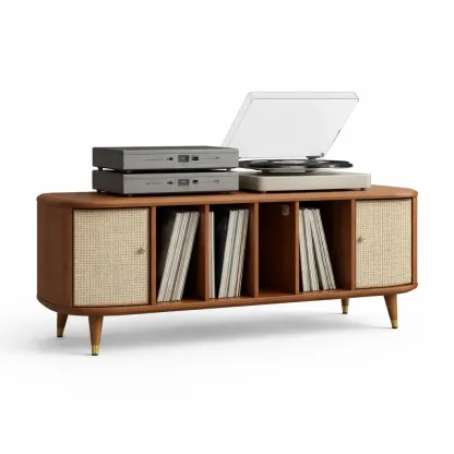 Meuble vinyle avec portes en cannage et etageres centrales-VibePosh