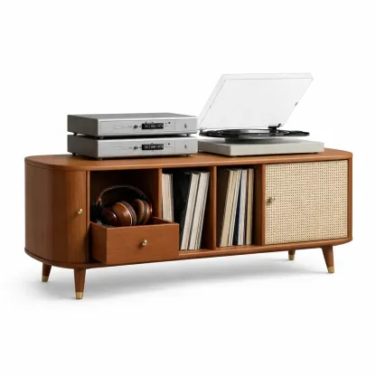 Meuble vinyle avec tiroir de rangement et espace casque-VibePosh