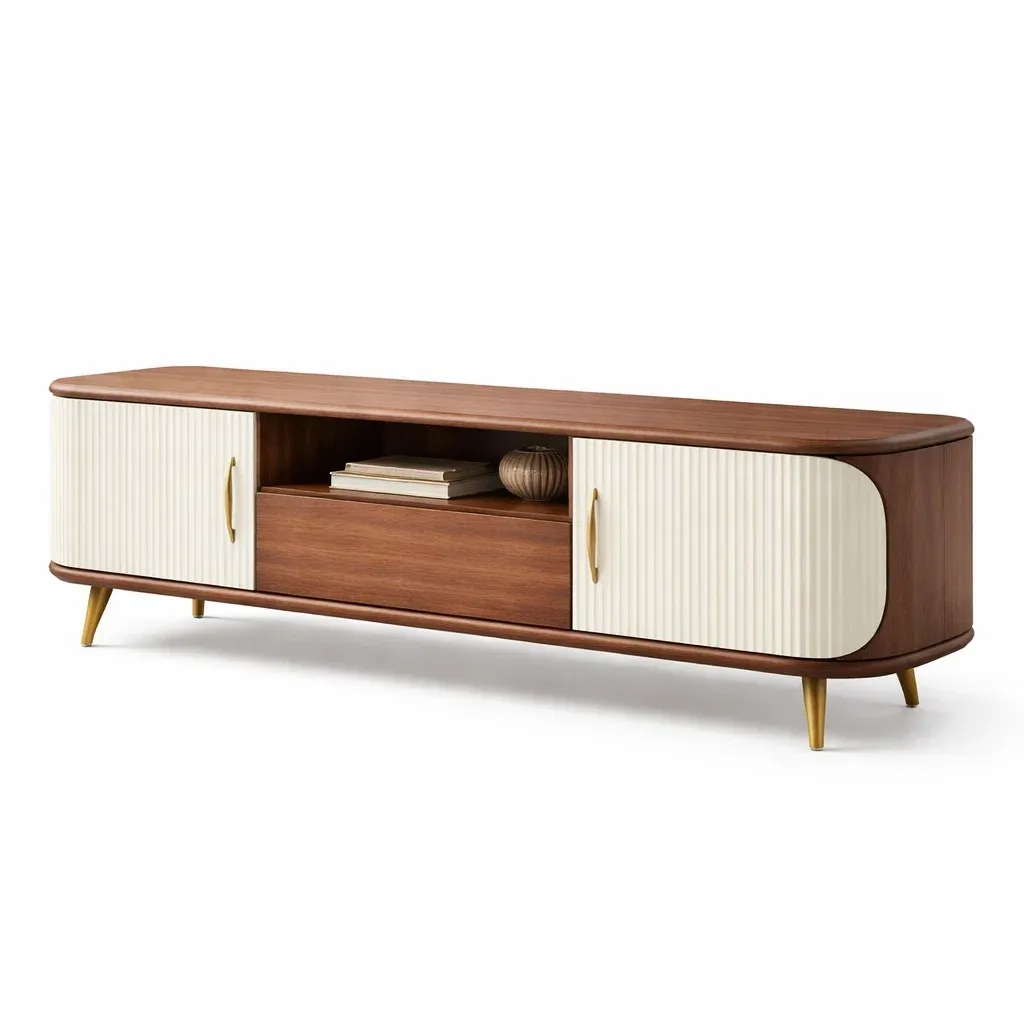 Meuble TV retro bois avec portes blanches-VibePosh