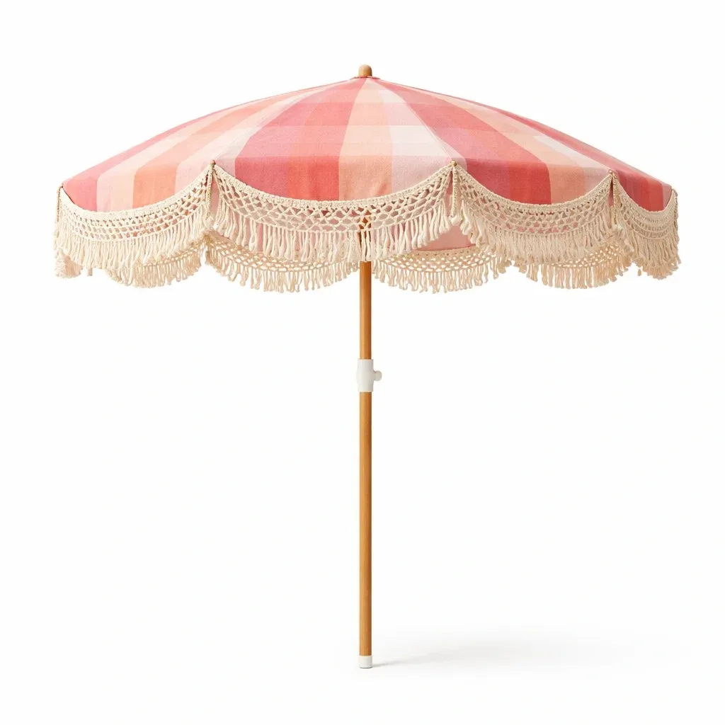 Parasol de plage a franges style retro rose-VibePosh