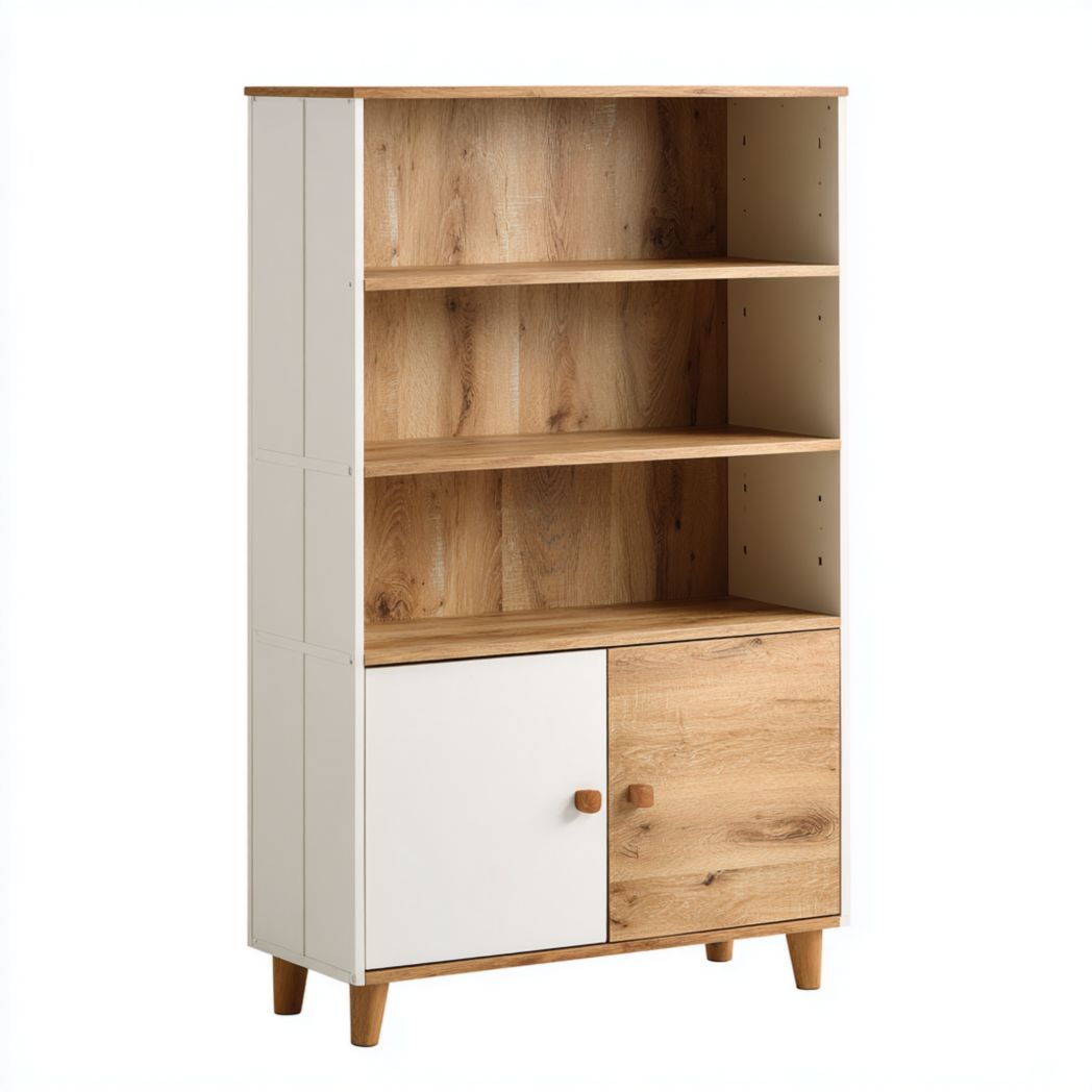 Bibliothèque en bois avec étagères ouvertes et portes de rangement bicolores