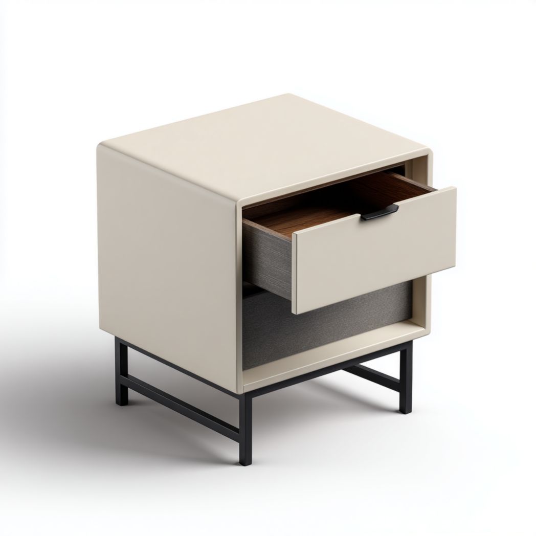 Table de chevet en MDF beige avec tiroir et pieds en métal