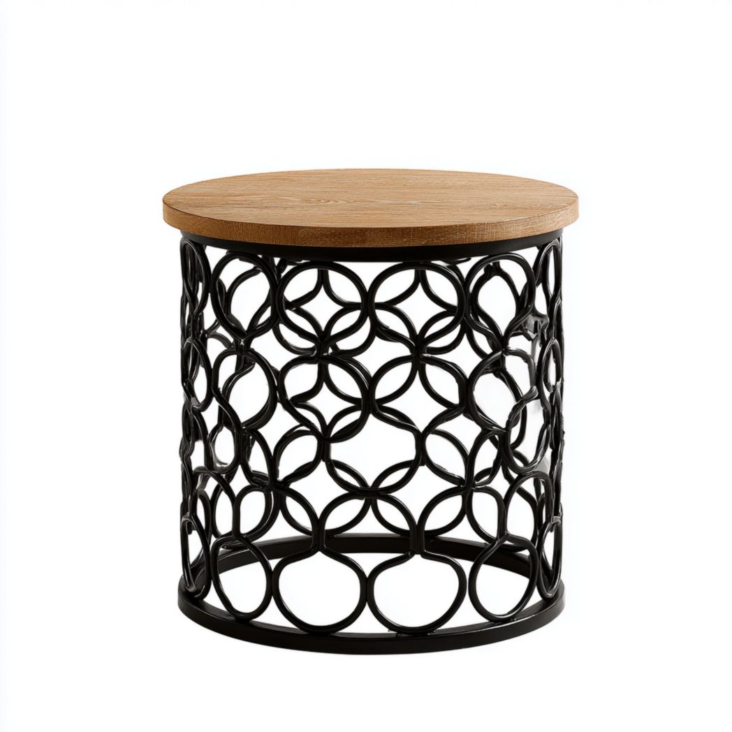 Table d’appoint ronde en métal noir et plateau en chêne