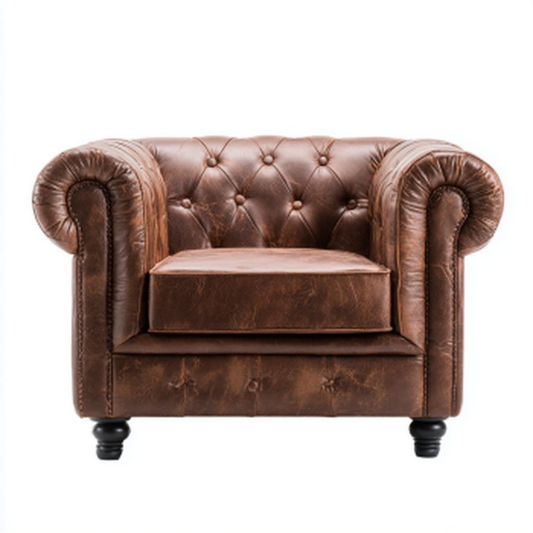 Fauteuil Chesterfield en cuir marron avec accoudoirs roulés