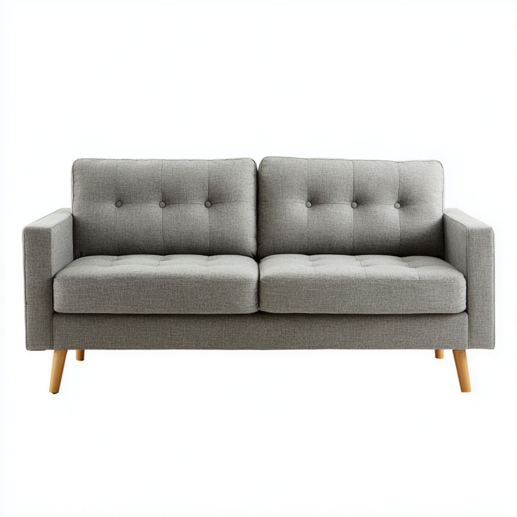 Canapé 2 places en tissu gris clair avec pieds en bois