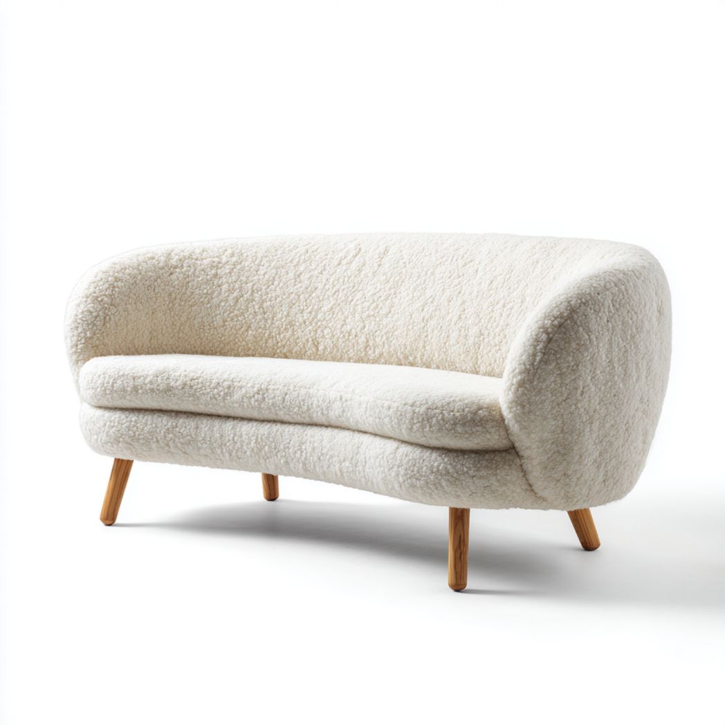 Canapé 2 places en tissu bouclette blanc avec pieds en bois