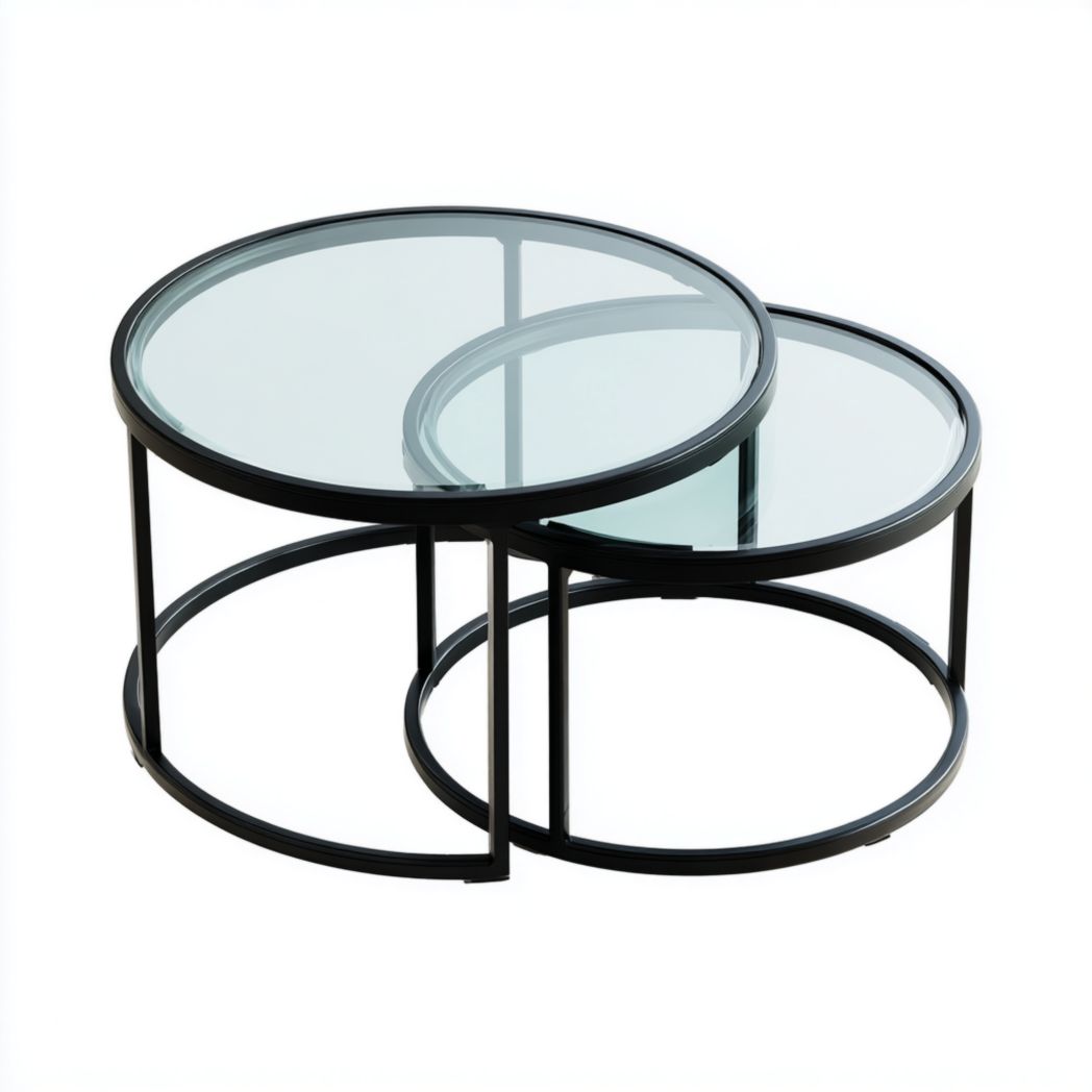Ensemble de deux tables basses rondes en verre trempé et acier noir