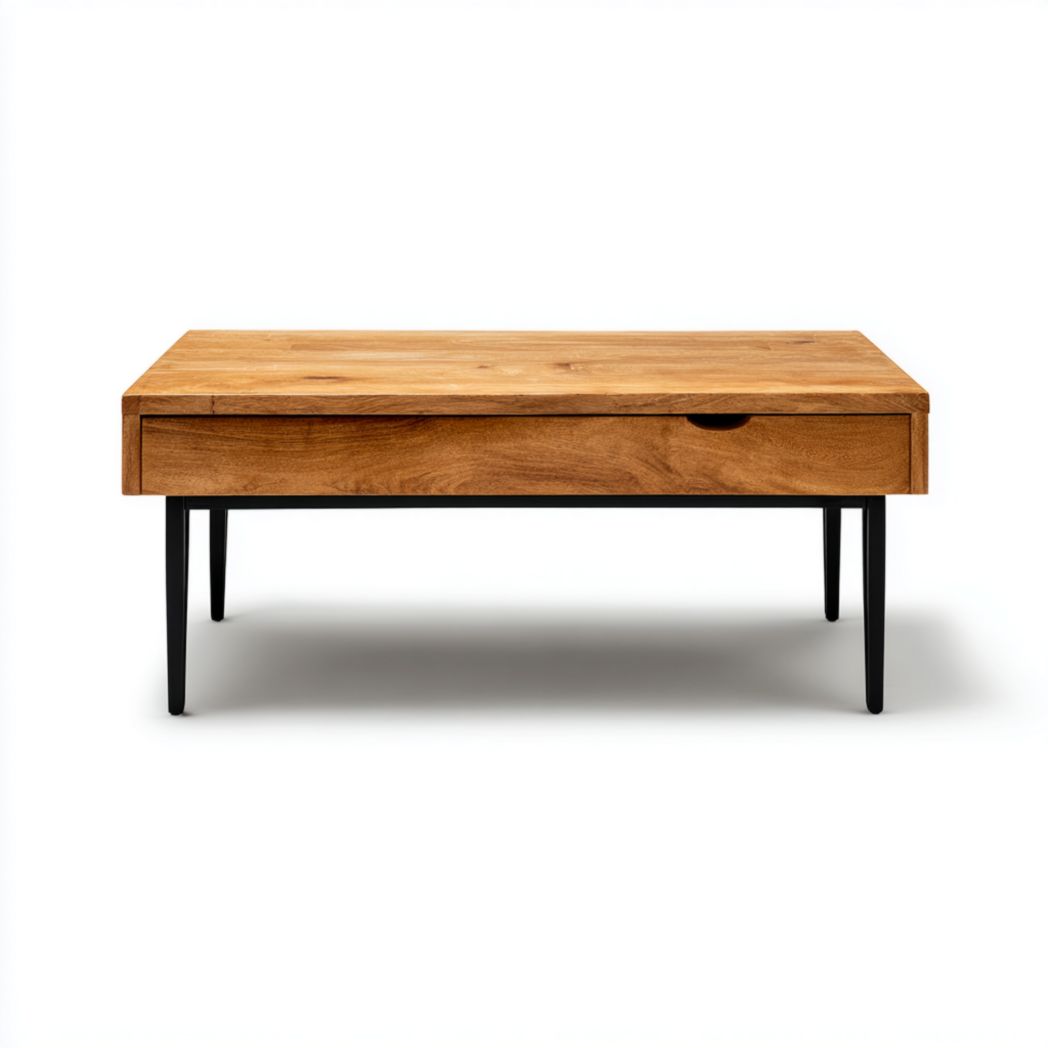 Table basse rectangulaire en bois de manguier massif avec pieds en métal noir