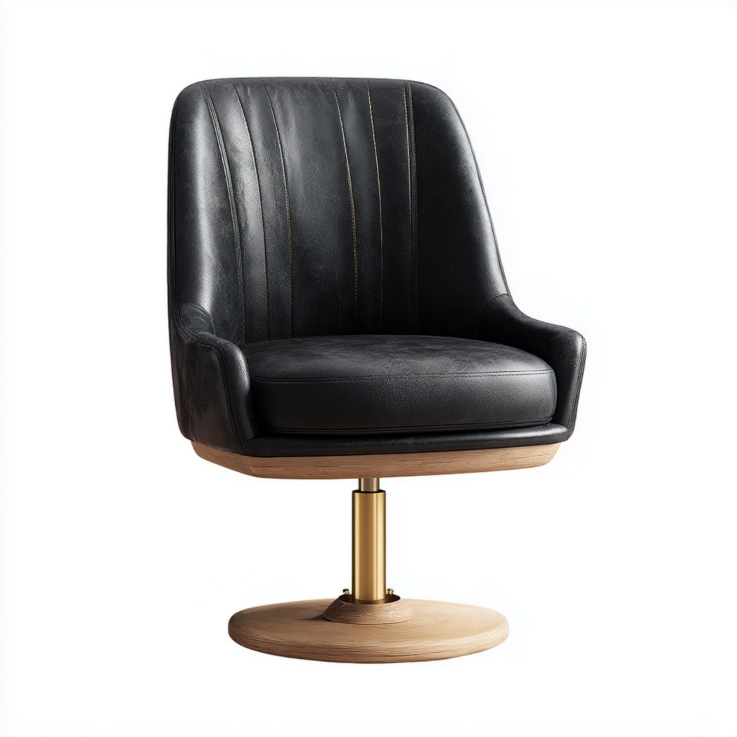 Fauteuil pivotant en simili cuir noir avec base ronde en bois et métal doré-Furniture Peace